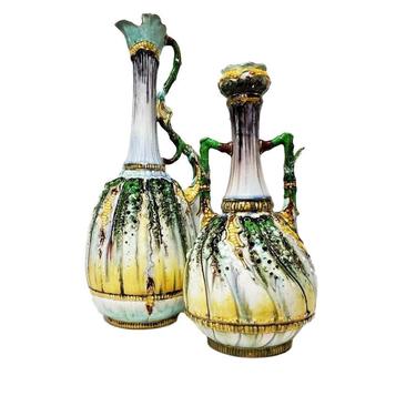 Majolica Pierced Pitchers Amphora Works Corn Series - Pair of Antique Ceramics 