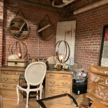 Antique Pine and leather partners desk with double drawers