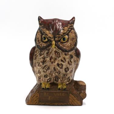 vintage brown ceramic owl bank 'Be Wise Save' 