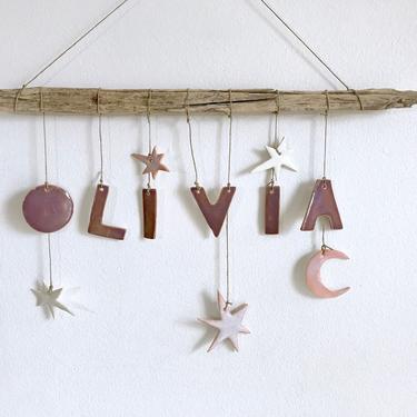 Any Name Custom Ceramic Wall Hanging - Driftwood + Stoneware Art - Handmade Kiln Fired Ceramic Celestial Stars + Moon Art - MADE TO ORDER 