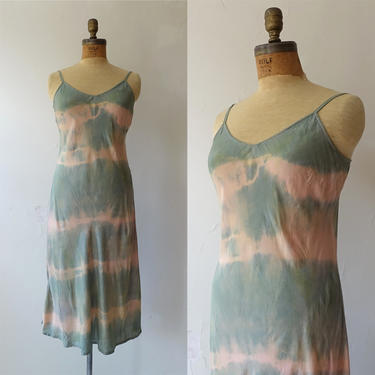 Vintage Hand Dyed Bias Cut Slip Dress/ 1990s Avocado and Pink Tie Dye Sleeveless Tank Dress/ Size Large 