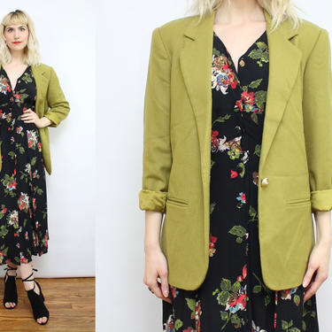 Vintage 90's Moss Green Wool Blazer / 1990's Avocado Green Blazer Jacket with Pockets / Lined / Spring / Women's Size Medium by Ru