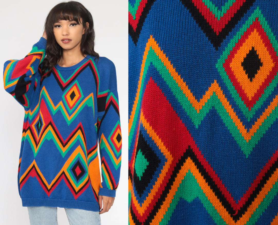 ZEPPELIN Sweater Men L Vintage 80s 90s Chevron Silver Chunky