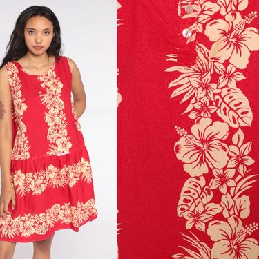 Floral Sun Dress 80s Tropical Mini Dress Red Vintage Bohemian Sundress Button Up Sleeveless 1980s Drop Low Waist Sun Medium 