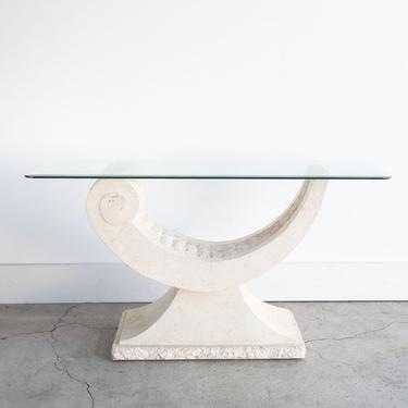 80s Vintage Sculptural Tessellated Stone and Beveled Glass Console Table Postmodern Artedi 