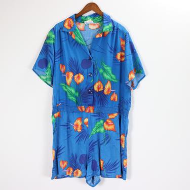 Vintage Hawaiian Print Romper / 90's THAT'S RIGHT Short Sleeve Floral Playsuit / Large 