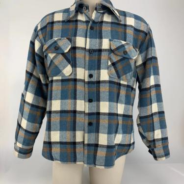 1970's CPO Shirt-Jacket - Wool Blend - Fully Lined - Wide Blue & Black Plaid - Buttondown Patch Pockets - Size Medium to Large 