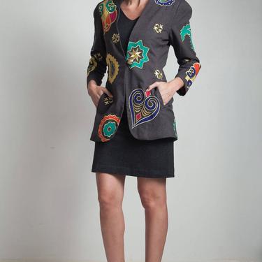 80s vintage kitschy patchwork blazer jacket gray wool colorful embroidery shoulder pads long sleeves LARGE L 