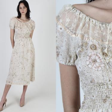 Vintage 70s Garden Floral Dress / Lace Tie Off The Shoulder Chest / Elastic Gathered Smocked Waist / Cream Boho Casual Mini Midi Dress 