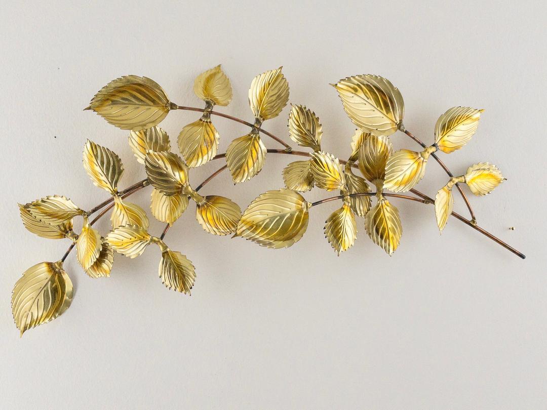 Vintage Gold Metal Leaf Wall Sculpture, Gold Leaves Branch Wall