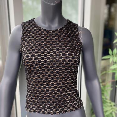 LA FETE Vintage 1990s Semi-Sheer Black and Metallic Gold Super Stretchy Scrunchy Textured Fabric Sleeveless Tank - Size L 