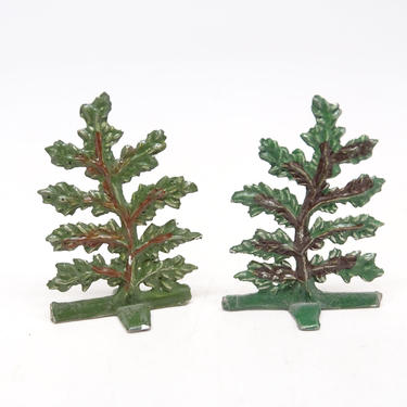 2 Antique Heinrichsen German Winter Flat Lead Evergreen Trees, Vintage Hand Painted Lead Toy for Christmas Putz Nativity 