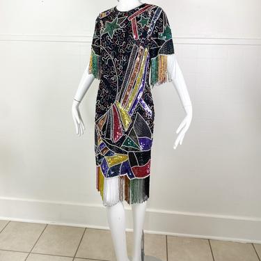 1970s Carina Silk Beaded Fringe Dress / Medium 