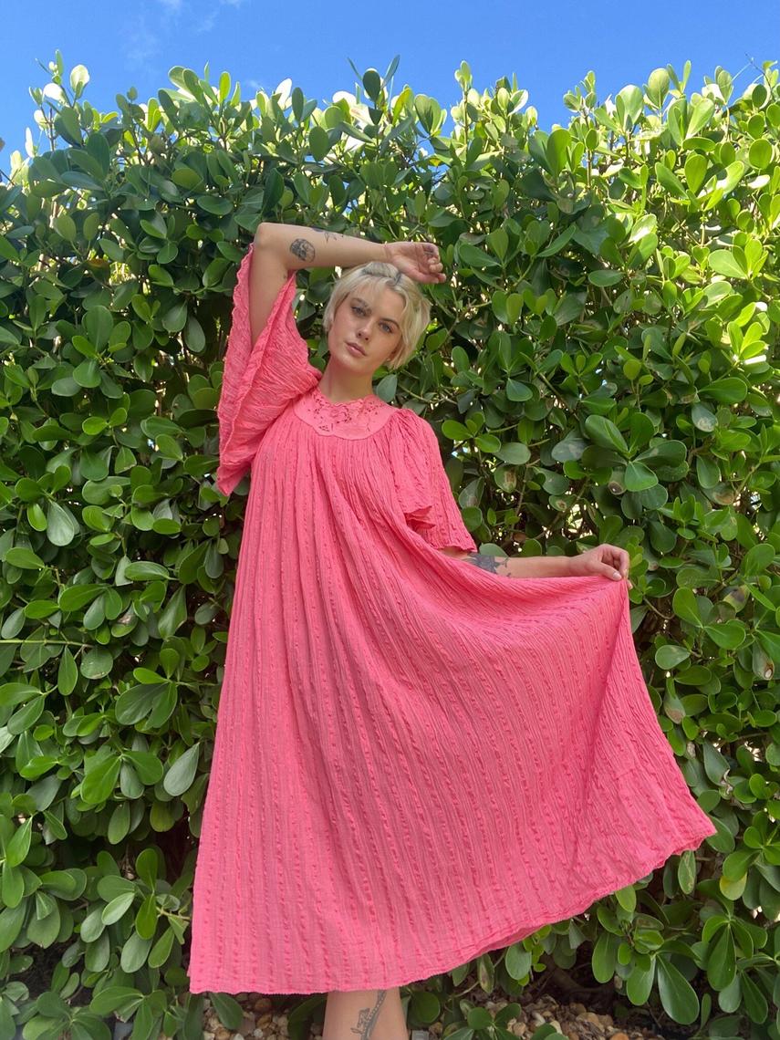 70s Indian Gauze Dress / Flutter Bell Sleeved Crochet Trapeze 