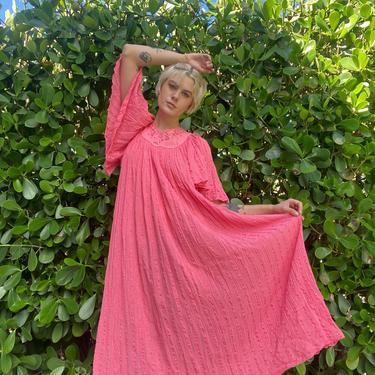 70s Indian Gauze Dress / Flutter Bell Sleeved Crochet Trapeze Dress / Haute Hippie / Bohemian Pink Dress 