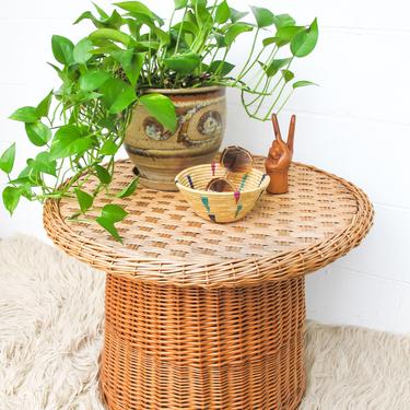 Rattan Wicker Drum Side Table - Made in Yugoslavia 