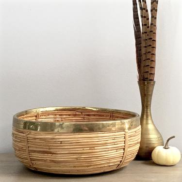 Brass Trimmed Bamboo Bowl Basket Woven Rattan Boho Coastal Asian Decor 