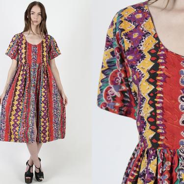 Vintage 90s Colorful Grunge Dress / 1990s Aztec African Print / Ethnic Tribal Babydoll Dress / Womens Gauze Button Up Pockets Dress 