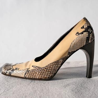 Vintage 90s Roberto Rinaldi Tan Leather &amp; Snakeskin Square Toe Pumps w/ Curved Heel | Size 37.5 | Made in Italy | BOX | 1990s Designer Pumps 