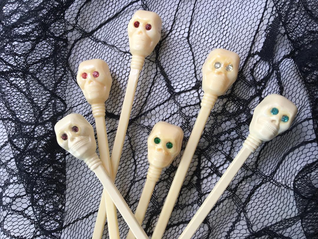 Vintage Skull Swizzle Sticks, Halloween Skeleton Stirs, Barware