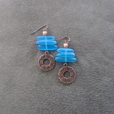 Sea glass earrings, African afrocentric earrings, tribal ethnic earrings, bold earrings, boho earrings, sky blue earrings, antique copper 
