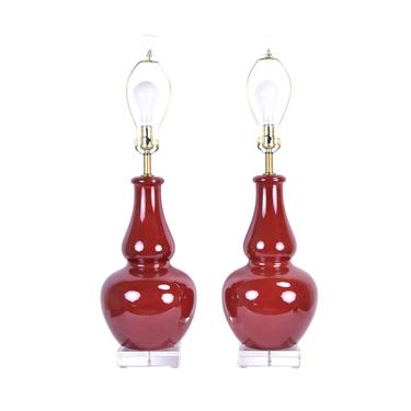 Vintage Pair Festoni Pisa Gourd Shape Oxblood Red Ceramic Lamps Acrylic Base 