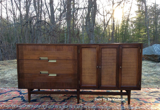 Mid Century Modern Walnut Long Dresser Credenza American Of Martinsville Cane Credenza Walnut Long Dresser American Martinsville By