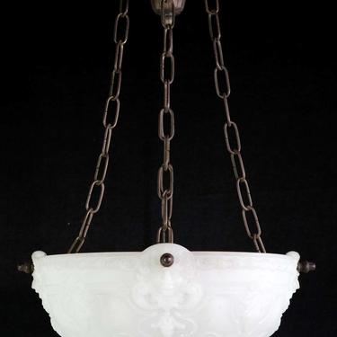1900s Highly Detailed Figural Milk Glass Dish Light with Acorn Hardware