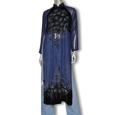 Vintage Cheongsam Dress Blouse Navy Blue Velvet and Sheer with Tulip Floral Designs S 