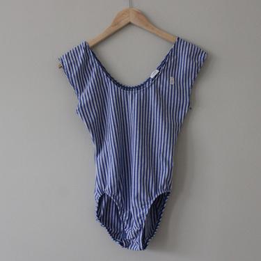 Vintage Blue &amp; White Striped Cotton Tank Bodysuit Women's Size - Made in the USA 