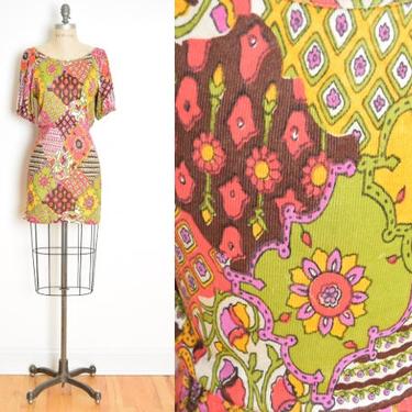 vintage 60s dress psychedelic patchwork print hippie boho mini short dress XS clothing 