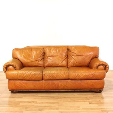 Rustic Tan Leather Sofa W/ Nailhead Trim