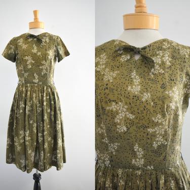 1950s Olive Green Cotton Foliage Print Dress 
