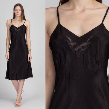 Vintage 50s Black Lingerie Slip - Medium | 1950s Sheer Trim Negligee Midi Dress 