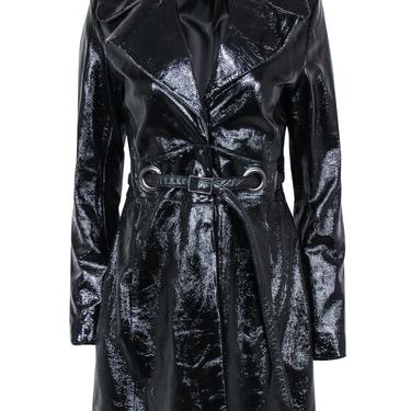Via Spiga - Black Patent Leather Snap-Up Belted Trench Coat Sz S