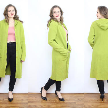 Vintage 90's Avocado Green Acrylic Knit Cardigan Dress / 1990's Hooded Sweater Dress  Pockets / Long Length /Women's Size Medium Large 