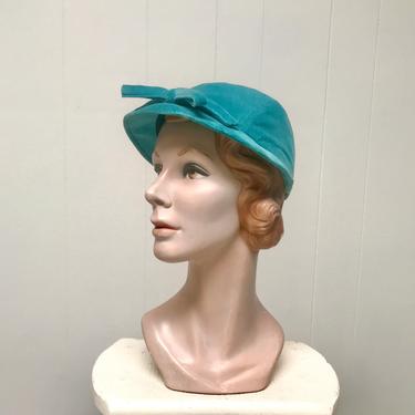 Vintage 1950s Turquoise Velvet Cap, 50s Aqua Hat by Betmar, Medium 