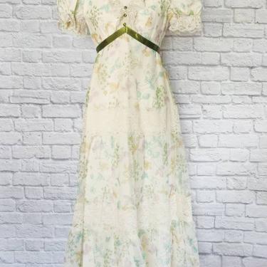 Vintage 70s Floral Dress // Floor Length Puffed Sleeves with Sheer Overlay 
