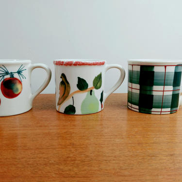 Hartstone Pottery Mug(s) | Ornaments | Partridge in Pear Tree | Green Plaid | Zanesville OH | 1982 