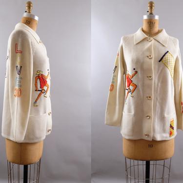 70s Tennis Embroidered Sweater Cardigan by Marshall Rousso  M/L 