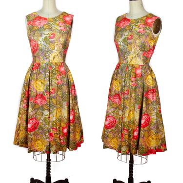 1950s Dress ~ Bright Floral Cotton Sleeveless Sundress 