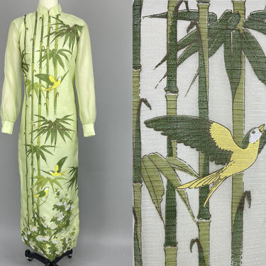 1970s ALFRED SHAHEEN Maxi Dress | Vintage 70s Bamboo &amp; Bird Print Hawaiian Dress | small / medium 