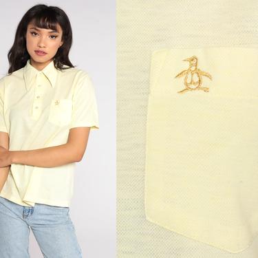 Munsingwear Polo Shirt Yellow PENGUIN Shirt 70s Shirt Half Button Up Collared Pocket 1970s Short Sleeve Grand Slam Vintage Men's Medium 