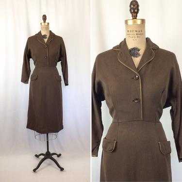 Vintage 40s dress | Vintage brown wool twill dress | 1940s chocolate brown tailored dress 