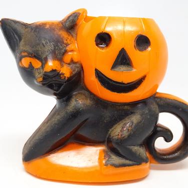 Vintage 1940's Halloween Candy Container, Rosbro Black Cat Holding a Jack-o-lantern 