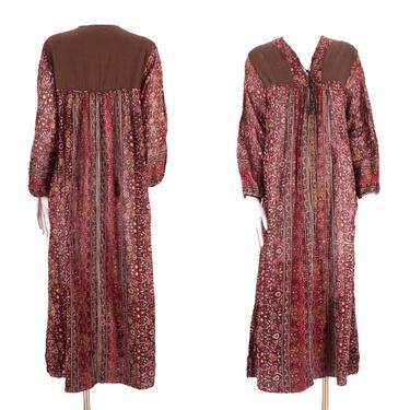70s tissue cotton India print peasant dress L / vintage 1970s brown garnet hippy festival caftan maxi sz Large 
