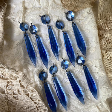 Vintage Blue Spear Prisms, Chandelier Prisms, Blue 3-1/2&quot; Spear Glass Hanging Prisms Set Of 9 