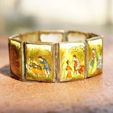 Antique Persian Hand Painted Mother Pearl Silver Panel Bracelet, Small Intricate Scenes Painted On Shell, Iridescent/Colorful, 7 1/4&quot; Long 