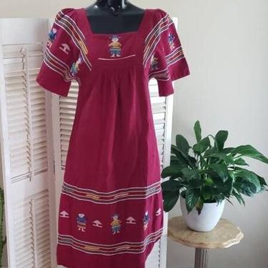 Vintage 70s/80s Hand Loomed Boho Ethnic Dress W/Embroidery Little People M   Pockets 