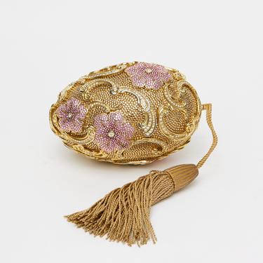JUDITH LEIBER Gold/Pink Crystal Floral Egg Minaudière